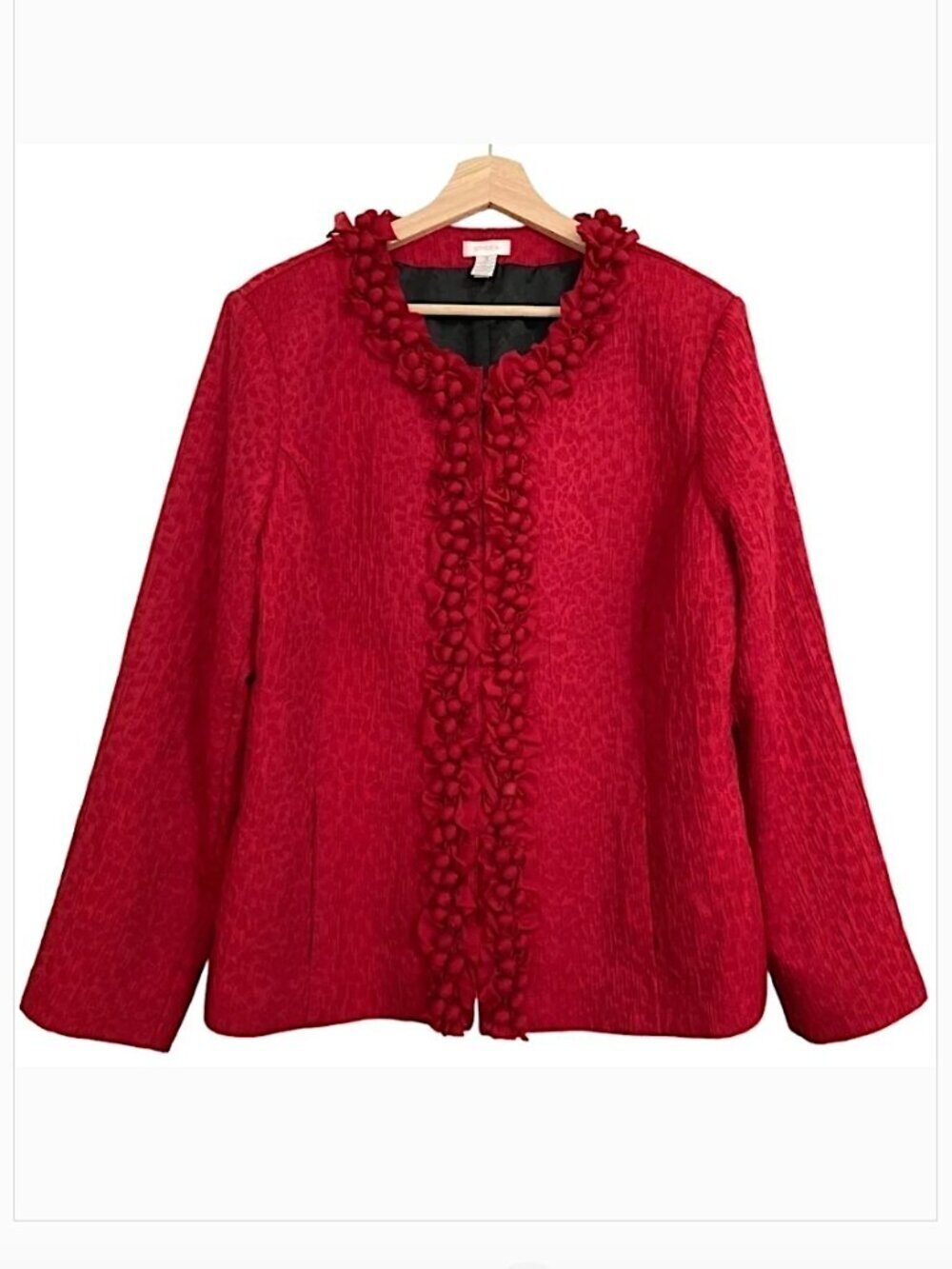 CHICOS Red Ruffled Berry Trimmed Crinkle Textured Jacket